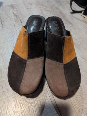 Franco Sarto Two-Tone Suede Slip-On Mules in Brown and Tan